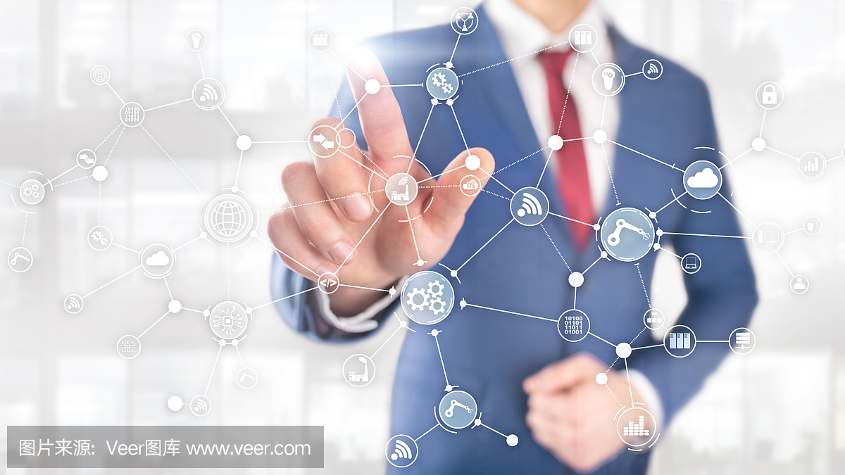 虛擬屏幕上的技術工業業務流程工作流組織結構。物聯網智能行業概念混合媒體圖。